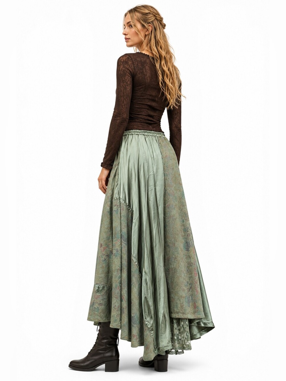 Whimsigoth Patchwork Jacquard Satin Maxi Skirt Ren Fair Medieval Lace Hem Small - Picture 2 of 16